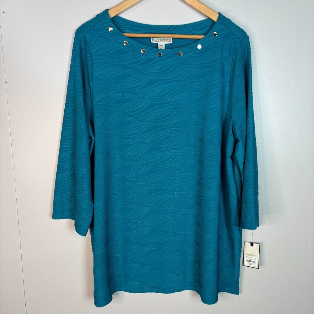 Dana Buchman Top XXL Blue Textured Stretch 3/4 Sleeve Tunic Blouse NWT Women's